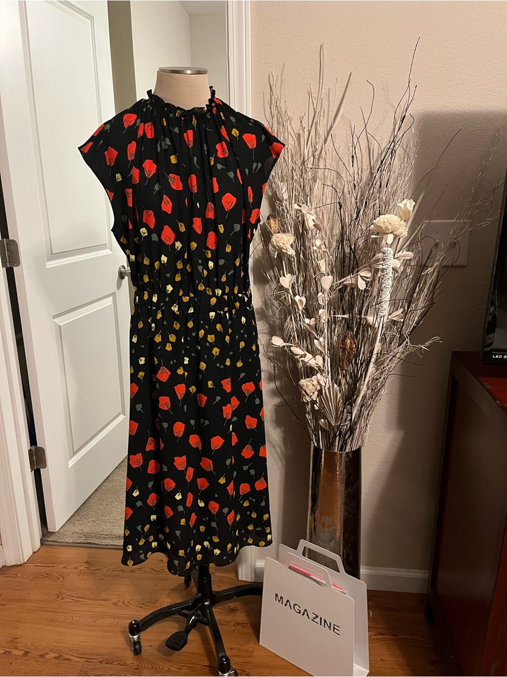 Banana Republic Black Midi Dress with Red and Yellow Floral Print